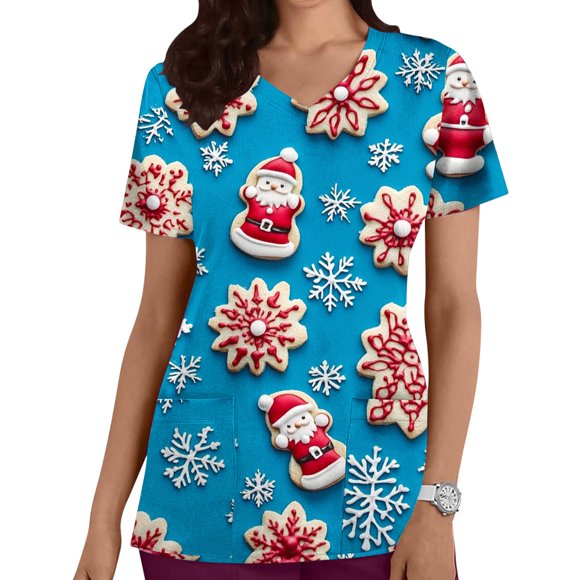 FcBaudy Hauts pour Femmes, Chemisiers et Chemises à Manches Courtes à Col en V pour Femmes, Haut d'Infirmière Décontracté Imprimé avec Poche à Manches Courtes à Col en V pour Femmes, Blouse en Polyester pour Femmes