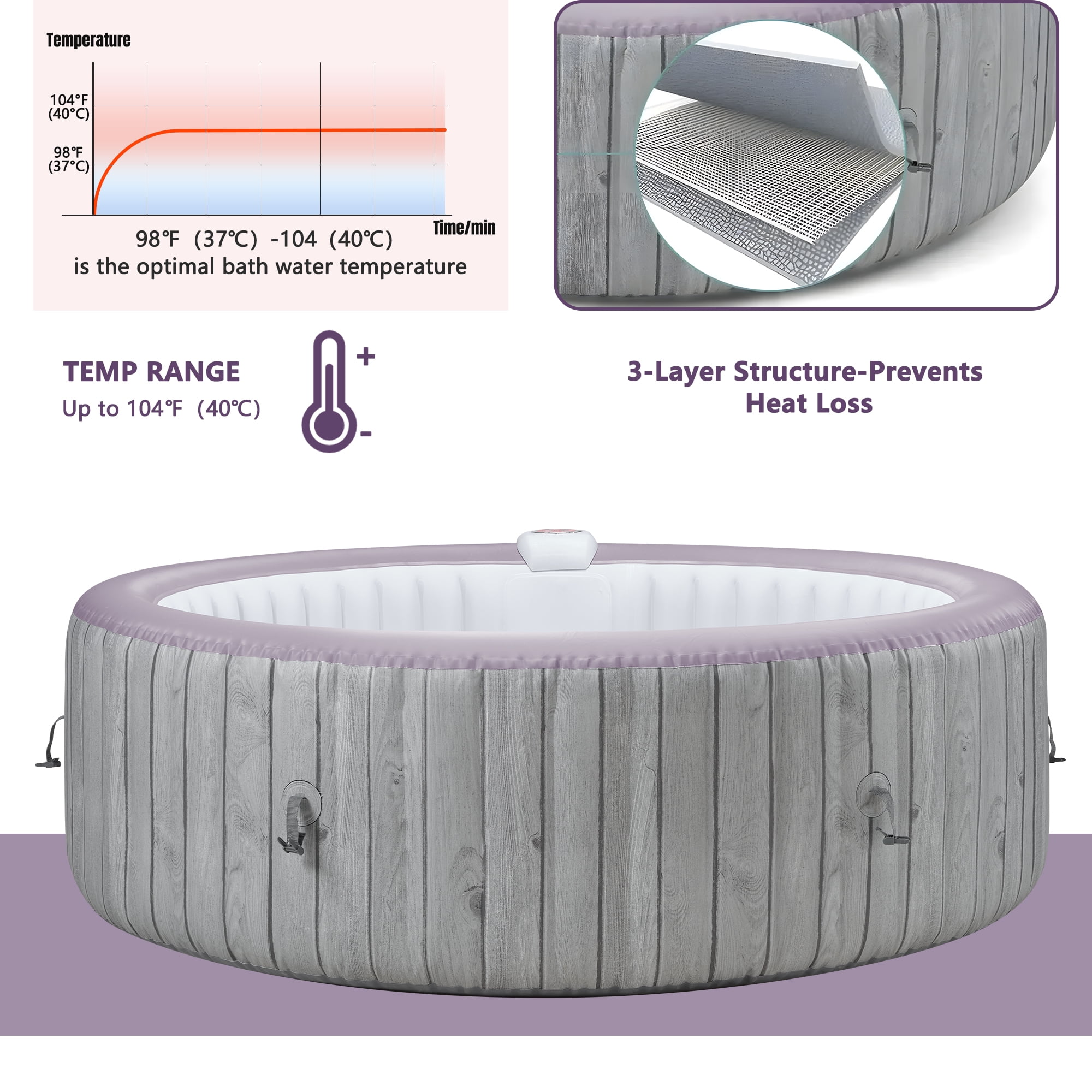 Portable Inflatable Hot Tub with Built-in Heating System - 264 Gallon Capacity, Massage Jet Home Hot Tub with Dust Cover for Teens and Adults, Wood Grain