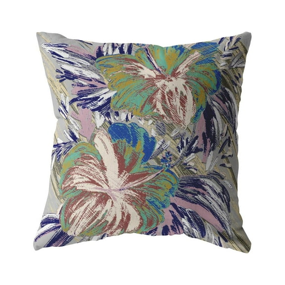 Hawaiian Flowers Indoor/Outdoor Pillow with Removable Cover in Green on Muted Purple20x20