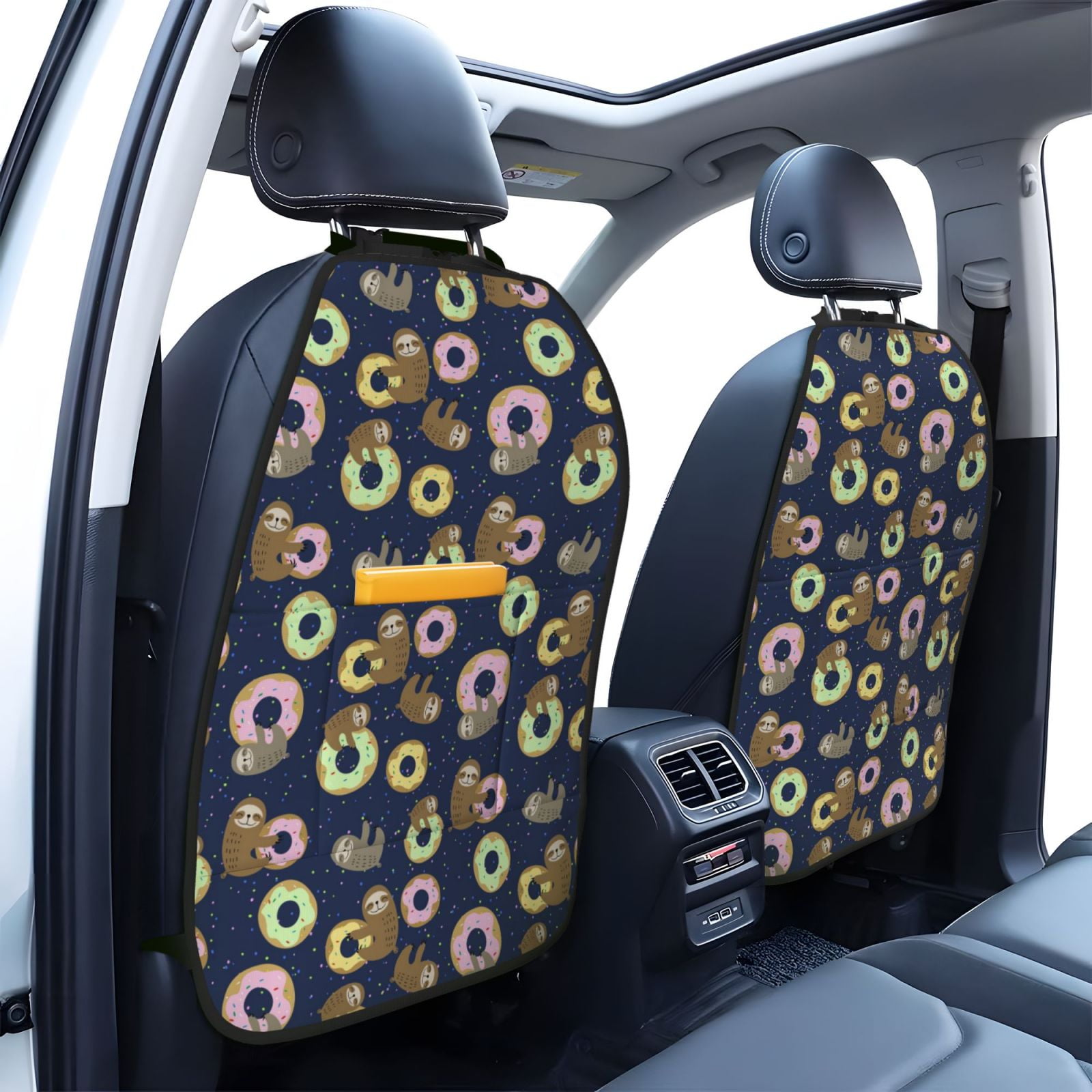 Xecao Sloth with Donuts Pattern Car Seat Back Protector 2 Pack Large Capacity Pocket, Kick Mats Back Seat Protector