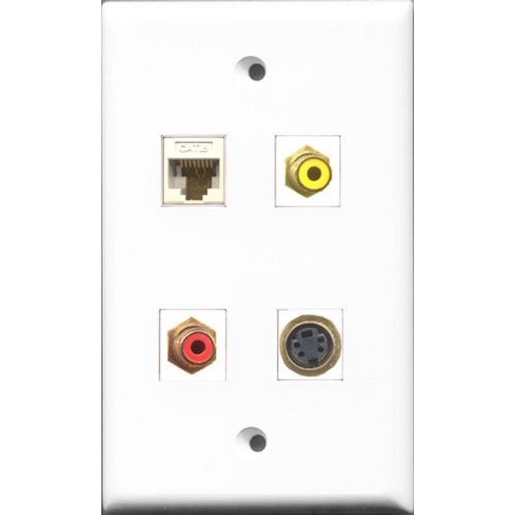 RiteAV 1 Port RCA Red and 1 Port RCA Yellow and 1 Port S-Video and 1 Port Cat6 Ethernet White Wall Plate
