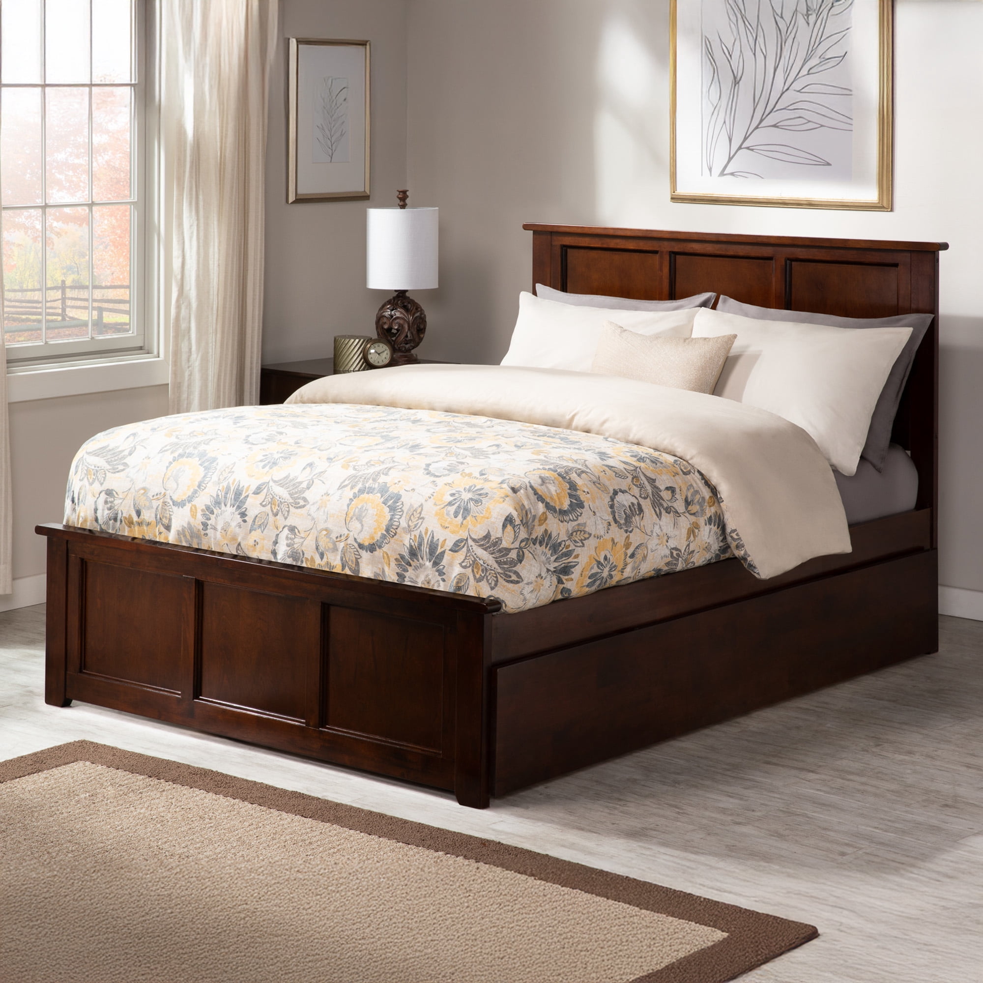 AFI Madison Full Wood Platform Bed with Matching Footboard & Twin Trundle, Walnut