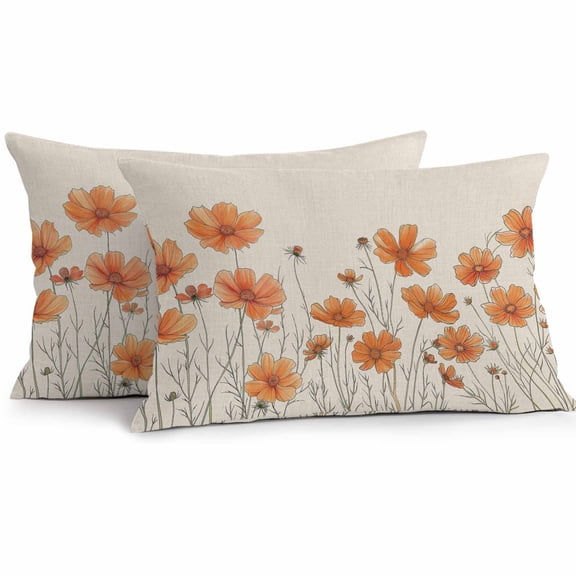 Orange Floral Outdoor Pillow Covers Pack of 2 Minimalism Watercolor Chrysanthemum Linen Waterproof Throw Pillow Covers Decorative Cushion Cases for Patio Garden Tent Balcony Couch 20x12 inch
