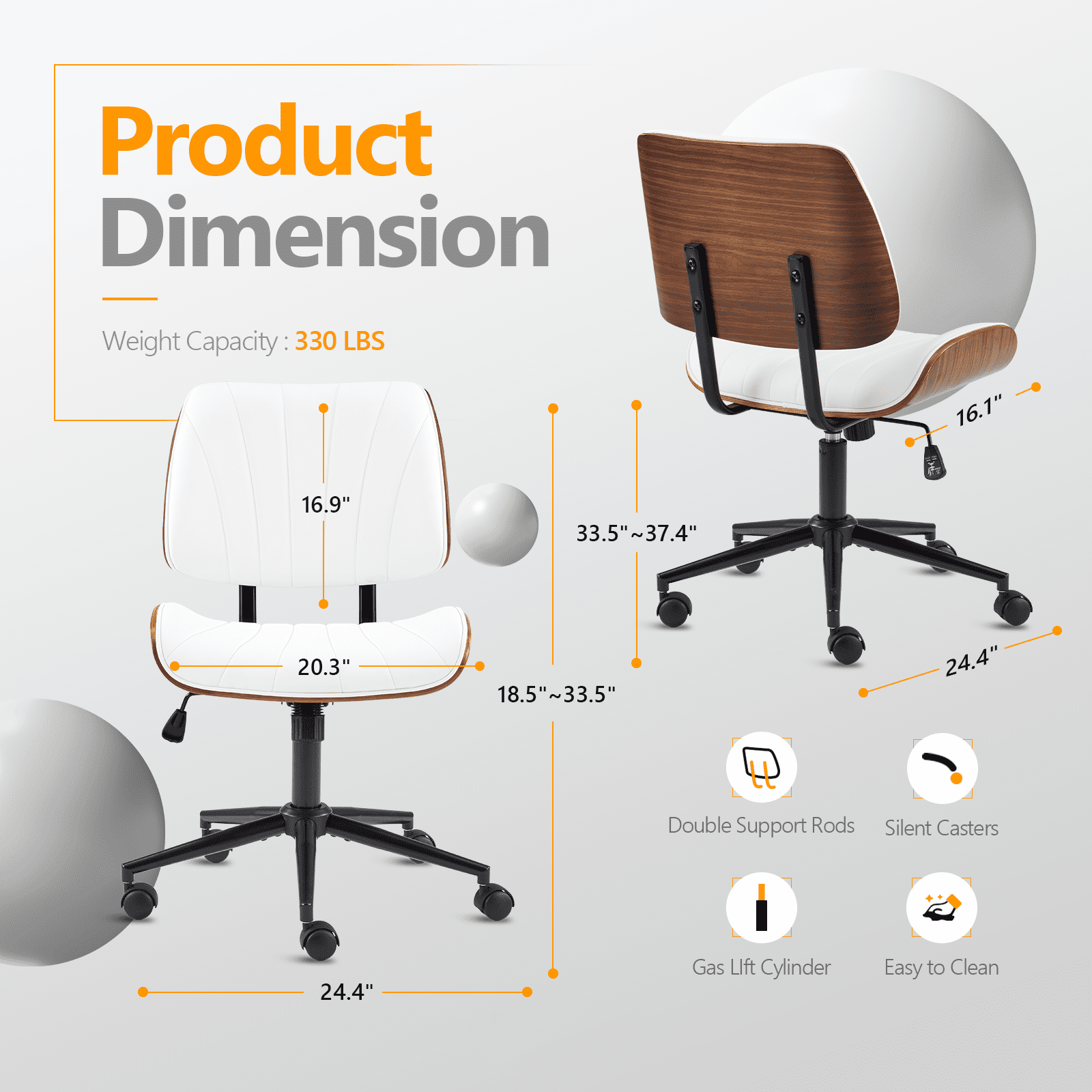 Ktaxon Swivel Office Chair, Armless Curved Wood Accent Desk Chair with PU Upholstered, Black Base Task Chair for Study, Makeup Vanity White