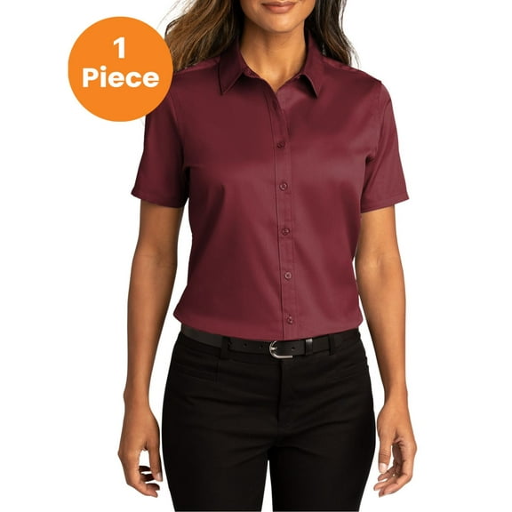Port Authority LW809 Ladies Short Sleeve SuperPro React Twill Shirt, Burgundy, S, Womens Button Down Shirts
