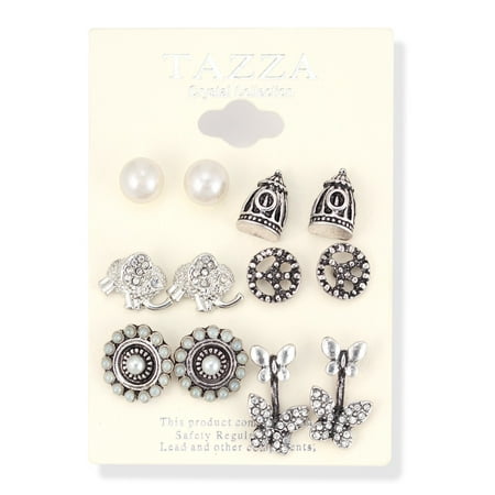 Antique Pearl Earrings TAZZA WOMEN'S OXIDIZED ANTIQUE LOOK VINTAGE BOHO STYLE SET OF 6 IMITATION PEARL CRYSTAL AND SILVER-TONE STUD EARRINGS #SWR-CP5470 ()