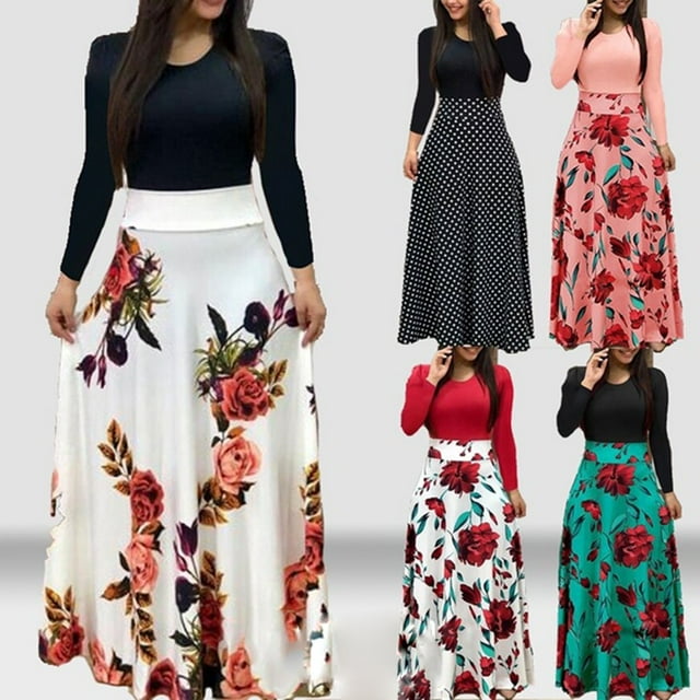 Robe Maxi Femme à Manches Longues à Imprimé de Points de Fleurs d'Été