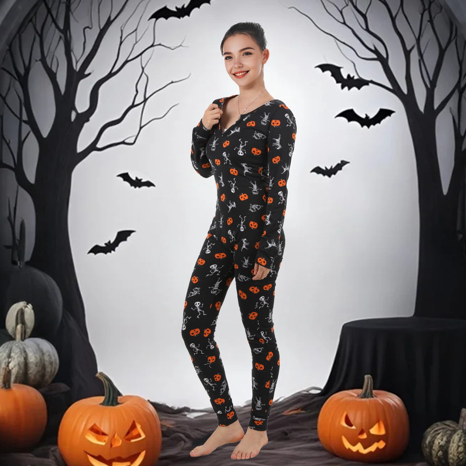 Matching Pajamas Set Adult Pumpkin Skeleton Pjs Onesie Sleepwear for Women Men Halloween Christmas Couples Loungewear