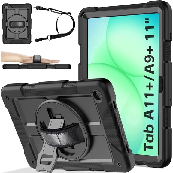BMOUO Case for Samsung Galaxy Tab A11 Plus 11" 2026 / A9 Plus 11 Inch 2024,Protective Case Cover with 360° Rotating Stand and Hand / Shoulder Strap for Tab A11  / A9  Inch , Black