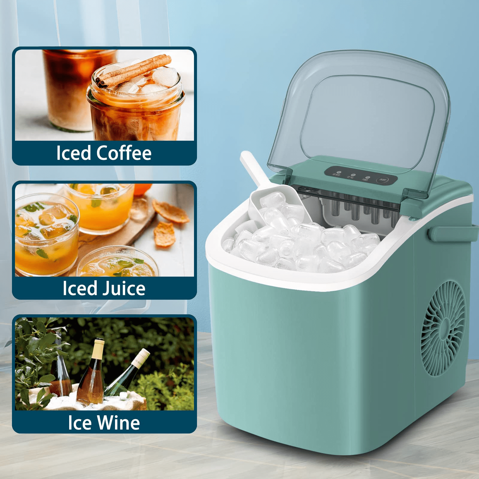 YUKOOL Desktop Ice Maker,Portable,9pcs/6-13min,26lbs/24H,Self Cleaning,With Ice Scoop,Green