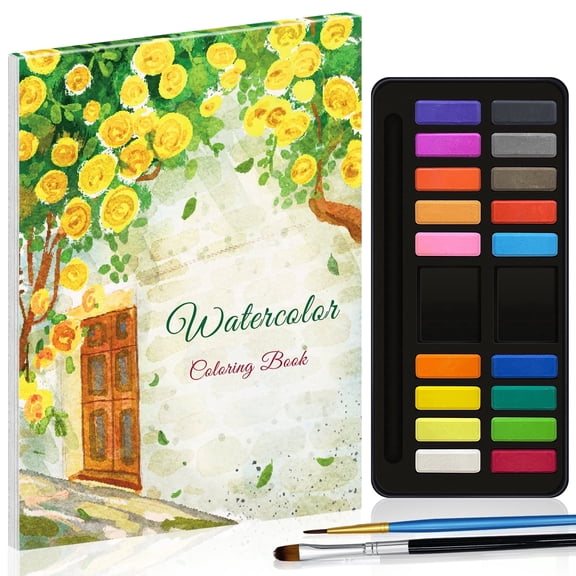 Elfew Watercolor Coloring Book Set for Adults– Floral Themes, 160GSM Paper, Palette Water Brush, 10.3×7.5 Inch Coloring Book