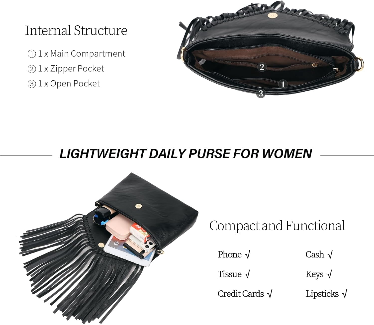 Tassel Crossbody Purse for Women PU Leather Western Hobo Fringe Handbag Shoulder Bag