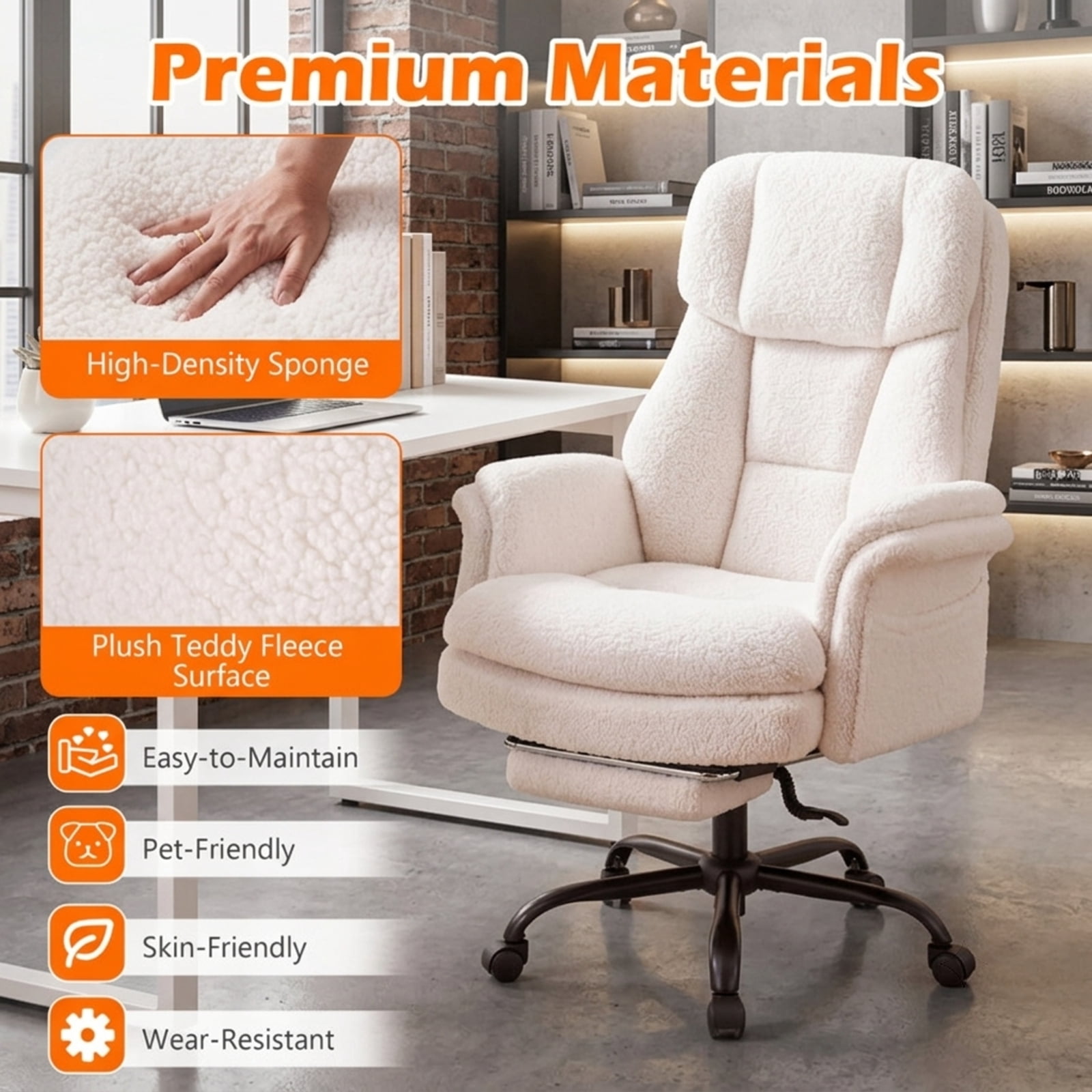 Furnibear Big and Tall Executive Office Chair 500 lbs Ergonomic Cross Legged Computer Chair with Retractable Footrest and Flip Up Arms, White