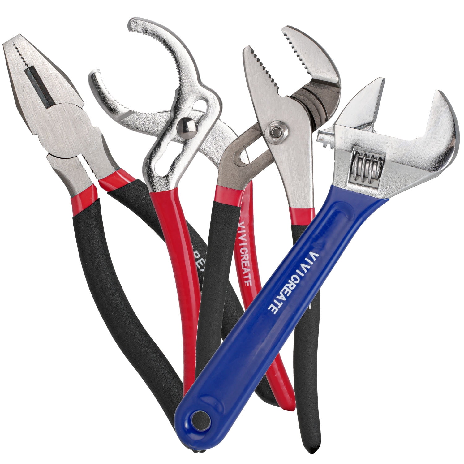 Vivicreate 4-Piece Pliers and Adjustable Wrench Set, Heavy Duty Cr-V Steel Tools with 7" Linesman, 8" Adjustable Wrench, 9" Water Pump and 10" Groove Joint Pliers for Home, Garage, and Auto Repairs