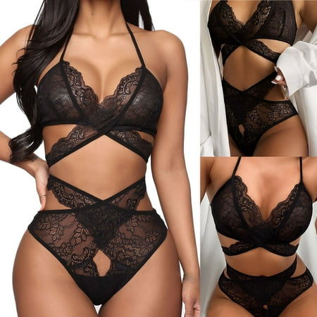 

Fatuov Womens Lingerie Sets Sexy Women Cross Lace Wireless Bra Sexy Black Lingerie Thong Set Underwear On Clearance