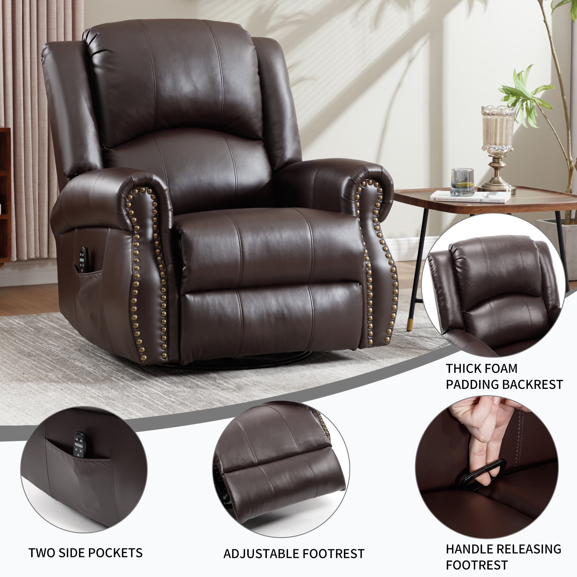 Leumius Oversized Swivel Recliner Chair for Adults,Swivel Rocker Recliner with Vibration Massage and Lumbar Heating for Living Room,Rivet Design,Brown