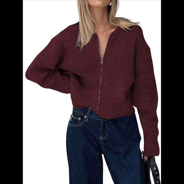 Cárdigan Holgado de Cuello Redondo, Larga, con Cremallera Frontal, para Mujer, Moderno Suéter de Punto con Cremallera, Abrigos de Otoño. Vino Tinto L