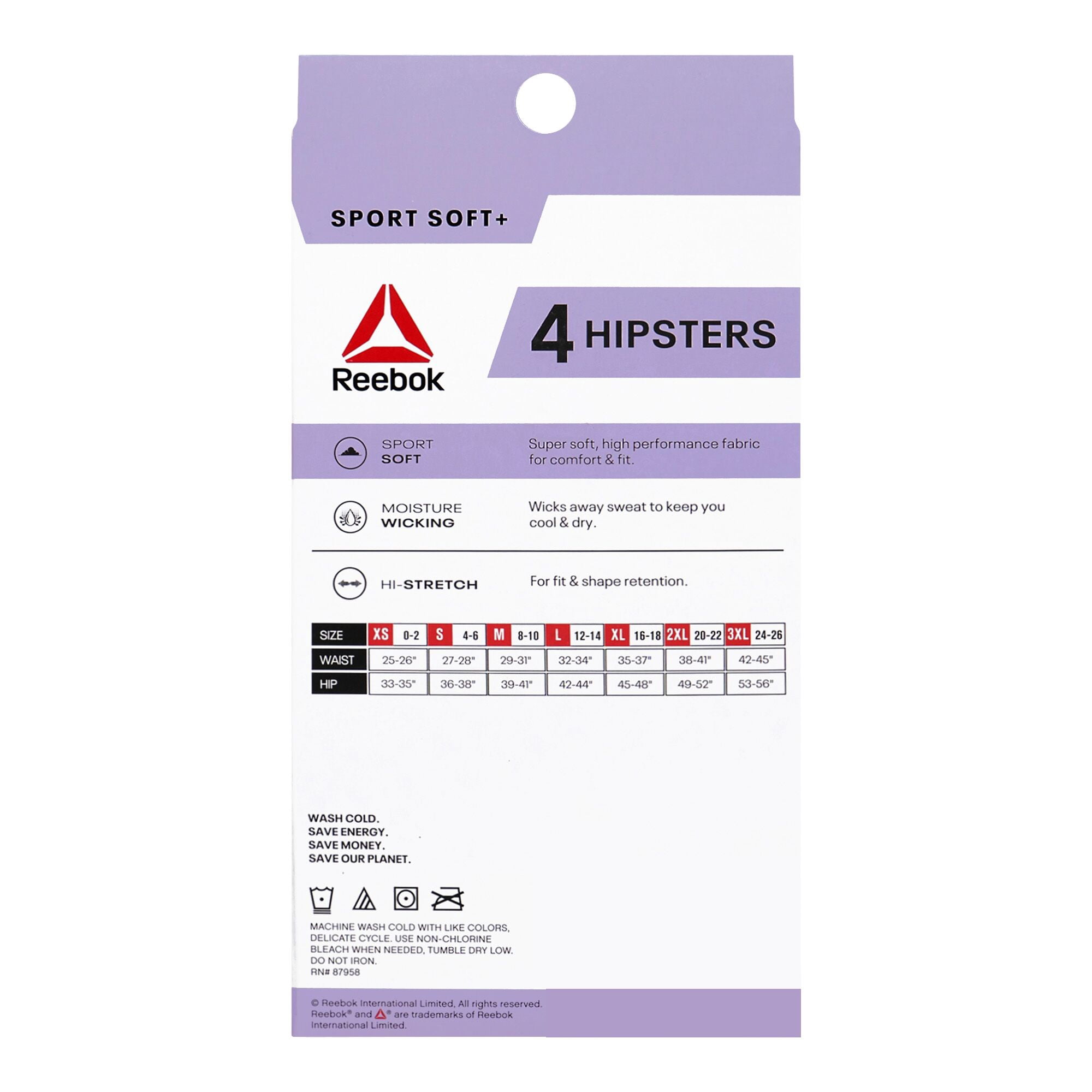 Reebok Women's Sport Soft Hipster Panties, 4-Pack Sizes S-2XL