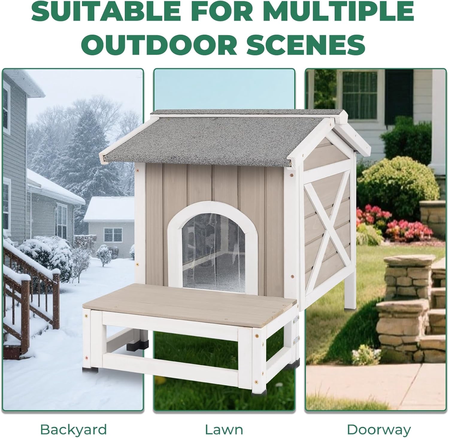 Gowoodhut Small Insulated Cat House, Wood Outdoor Cat House Weatherproof with Cat Scratching Cloth for Winter, Grey