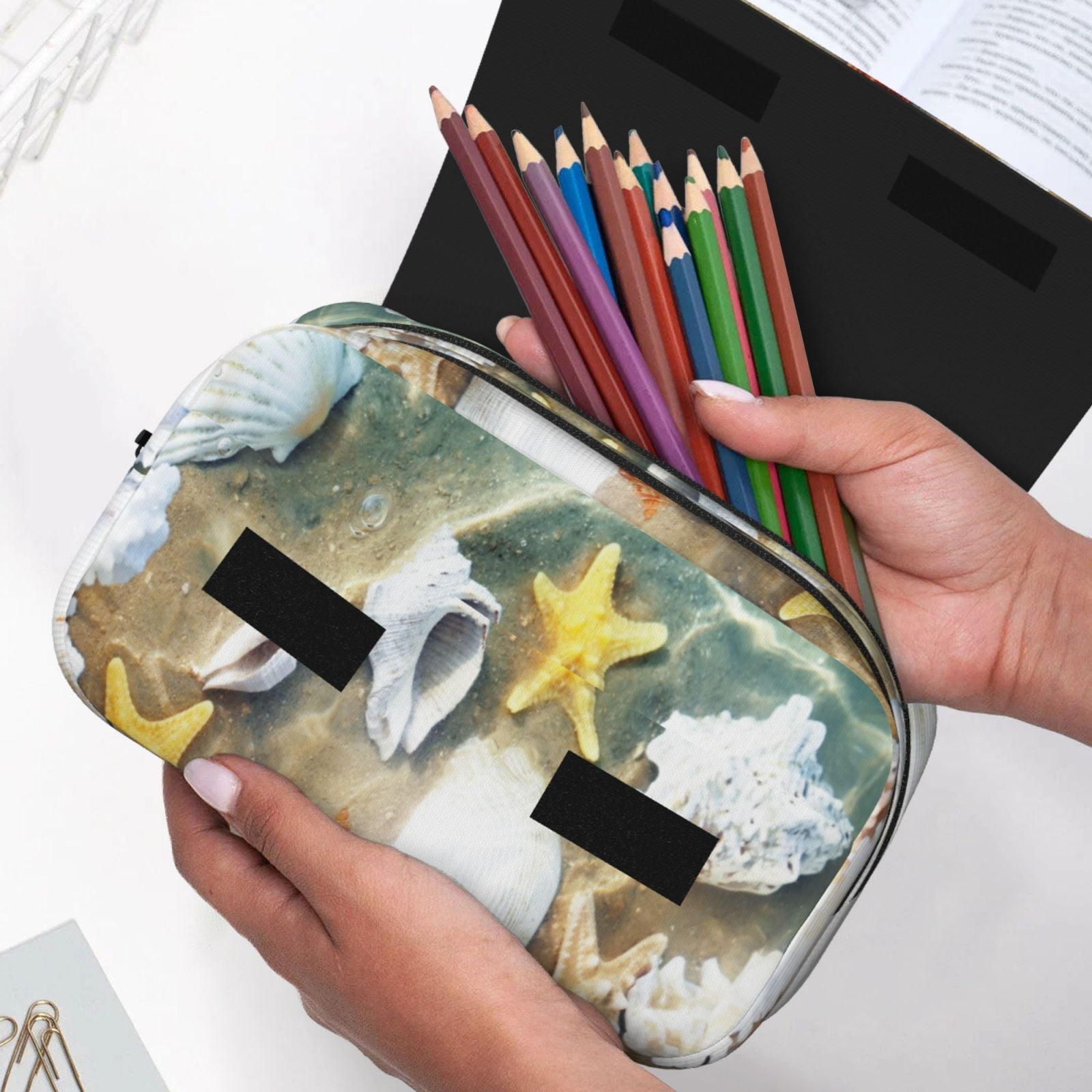 Rateoe Seashell On The Beach Pattern Double Clamshell Pen Case, Storage Organizer with Two Zipper Compartments– Holds Up to 50 Pencils & Pens