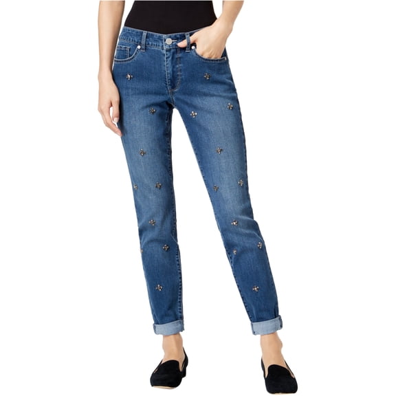 maison Jules Womens Stud-Embellished Boyfriend Fit Jeans, Blue, 0