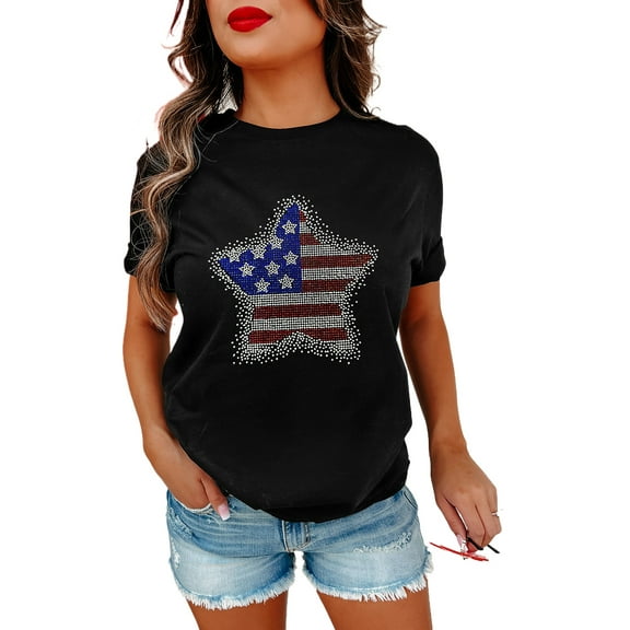 Women's Black Flag Inspired Rhinestone Star Graphic T-Shirt | [ZhiHiMeRi] | (US 20-22)2XL