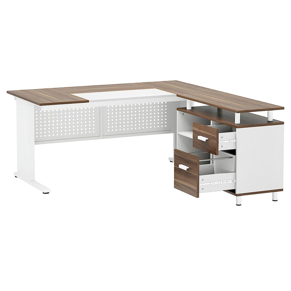 Barara King Home Office Desk, Computer Desk,Industrial L-Shaped Desk, 63" Computer Executive Desk with File Cabinet,Brown & White