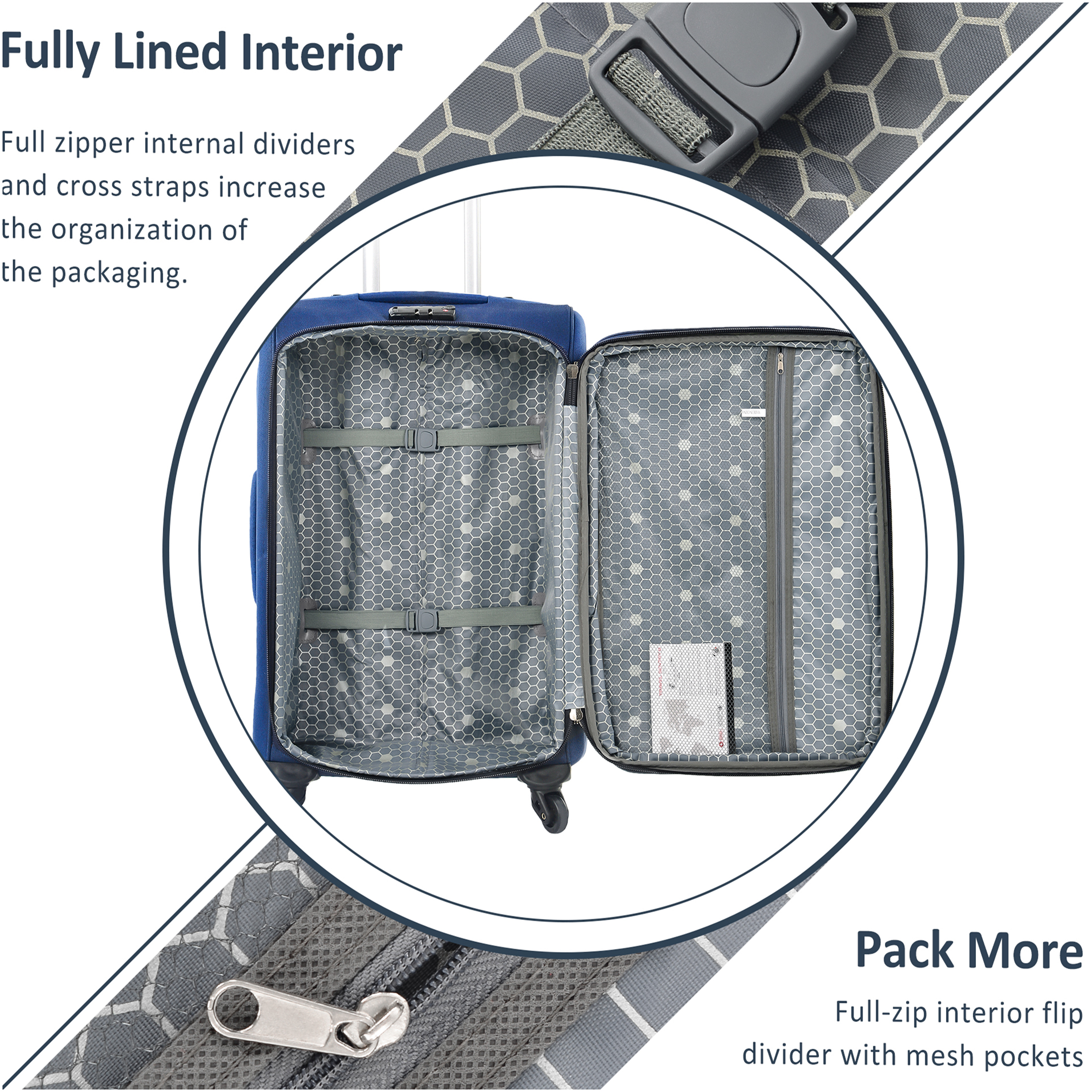 JERFIT 3-Piece Expandable Softside Spinner Luggage Set, Lightweight TSA Lock Suitcases, Blue Polyester Travel Carry-On & Check-In Bags