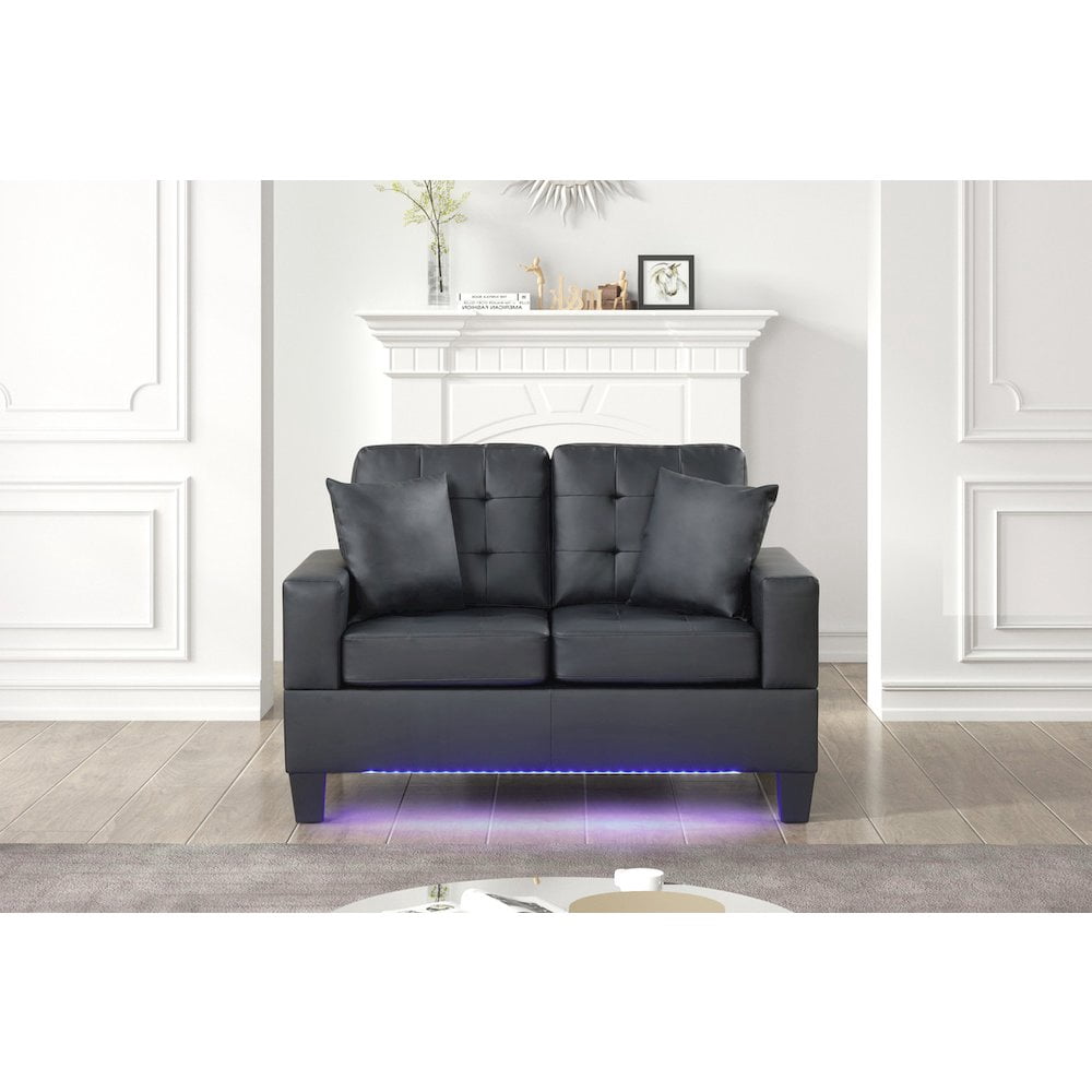 Genesis 55.5"W Black PVC Fabric Loveseat with LED Lights+USB+Tufted Cushions