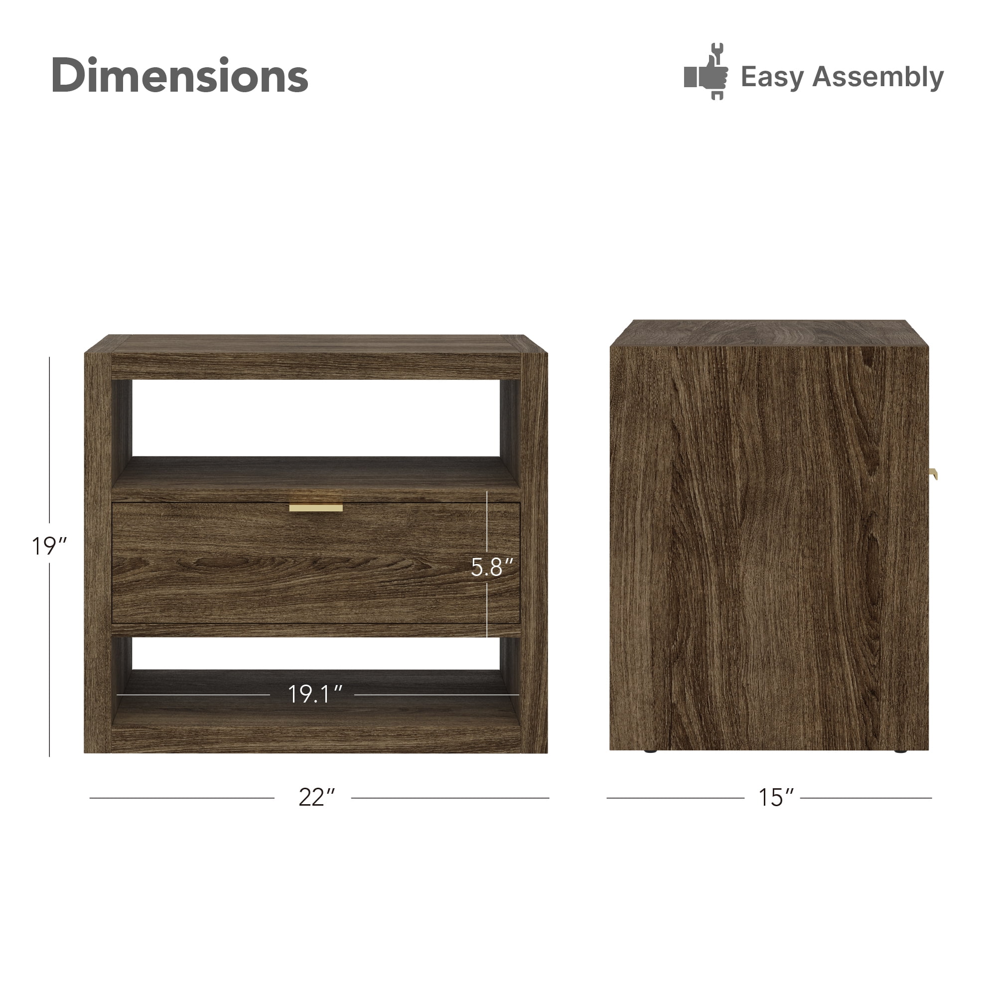 Spruce & Spring Modern Nightstand End Table with Storage Drawer, Farmhouse Style Bedside Table, Easy Assembly, Walnut
