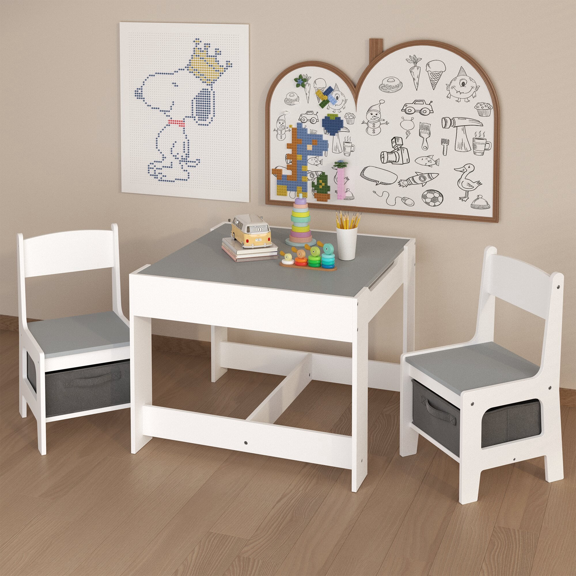 Yoneston 3 in 1 Kids Table and Chair Set with Storage Drawer &Blackboard,Wooden Activity Table for Toddler Baby Playing,Painting,Reading,Meal,White and Gray