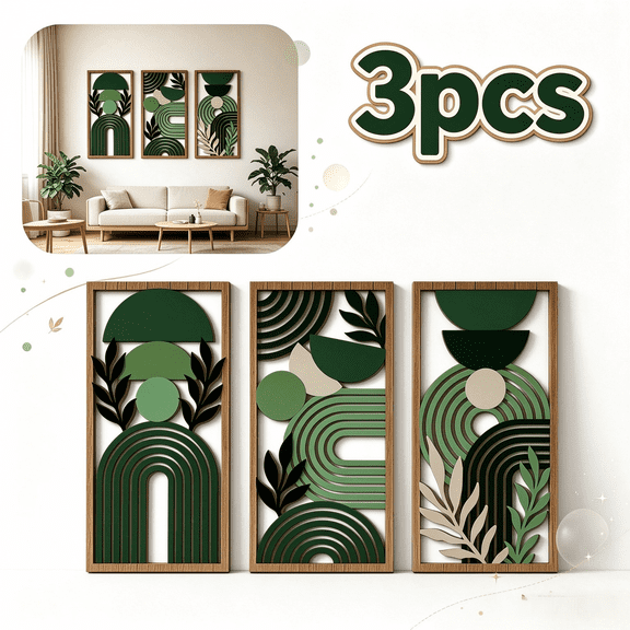 Abstract Wooden Wall Art Set of 3, Geometric Botanical Minimalist, Modern Hanging Wall Decor for Living Room, Bedroom, Office