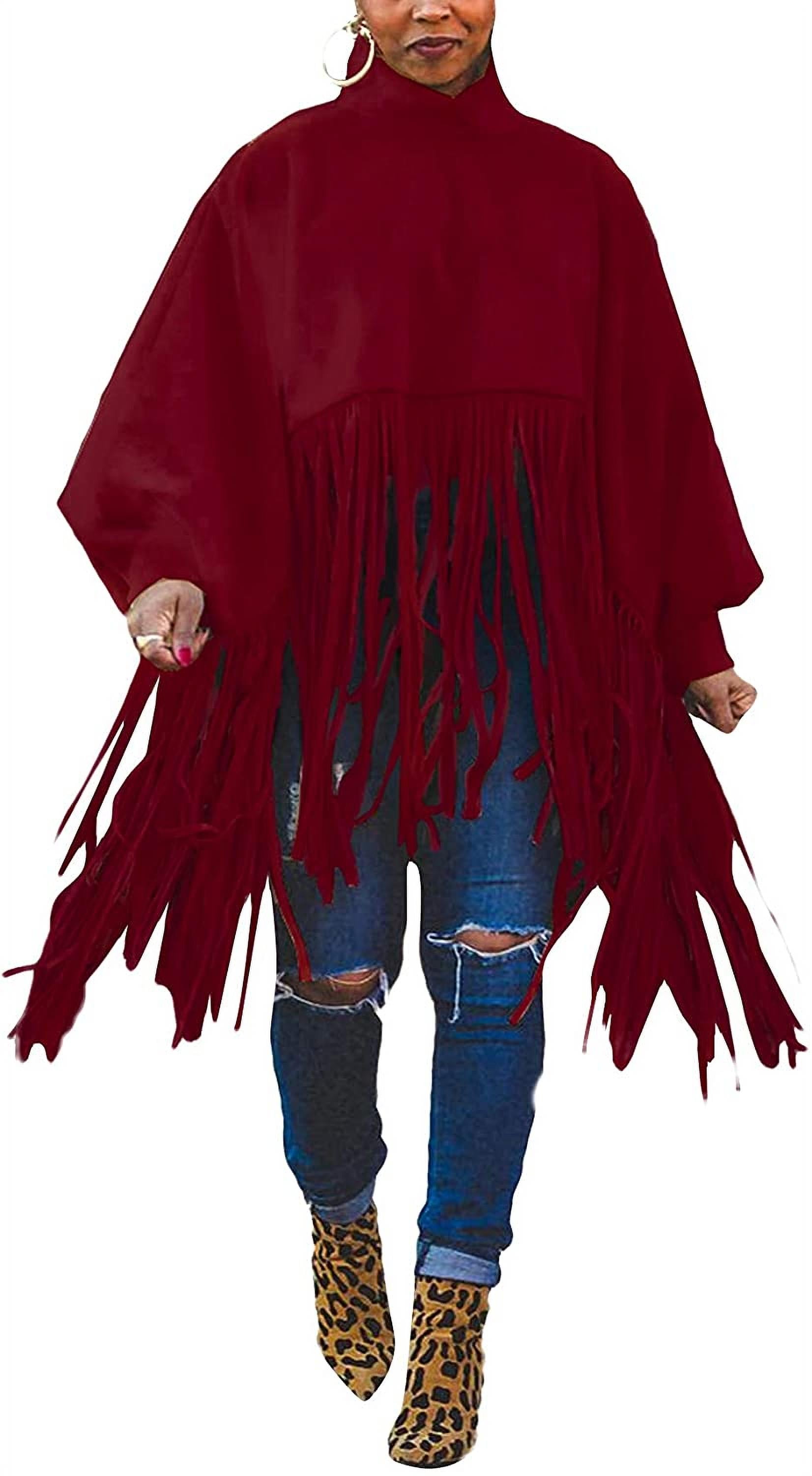 Womens Turtleneck Fringe Tops Solid 