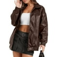 thumbnail image 6 of Ofreoo Women's Solid Flip Collar Fall And Winter Long Sleeve Fashion Leather Jacket Coat Tops Coat for Women, 6 of 7