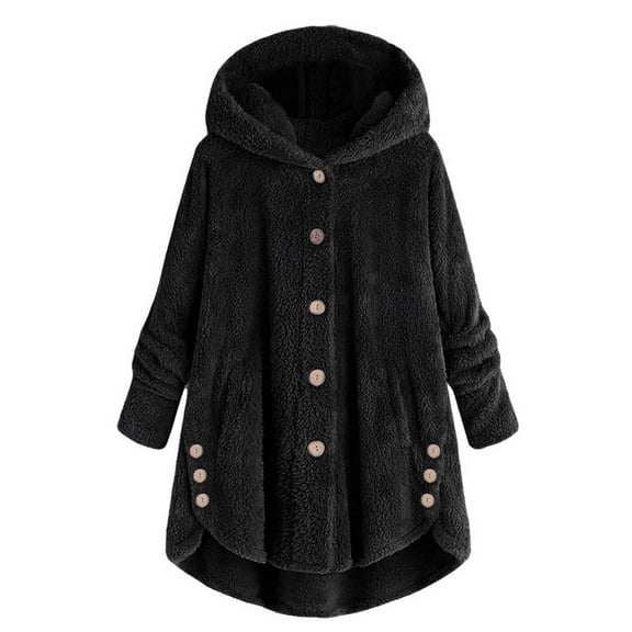 Prolriy House Coat Womens Coats Women Plus Size Button Plush Tops Hooded Loose Cardigan Wool Coat Winter Jacket Winter Coats for Women Black L