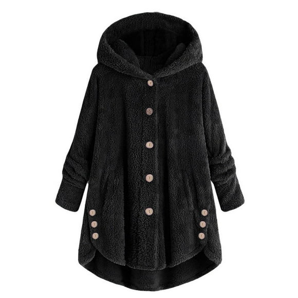 Yoodem Winter Coats for Women Jackets for Women Women Plus Size Button Plush Tops Hooded Loose Cardigan Wool Coat Winter Jacket Fleece Jacket Women Black M