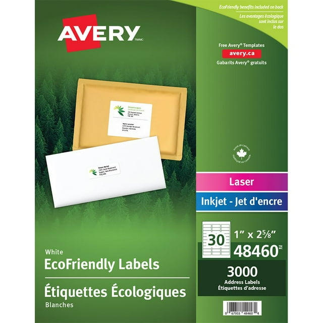 Avery 48460 EcoFriendly White Mailing Labels sheets 2-5/8 x 1 (3000) (Pack of 100)