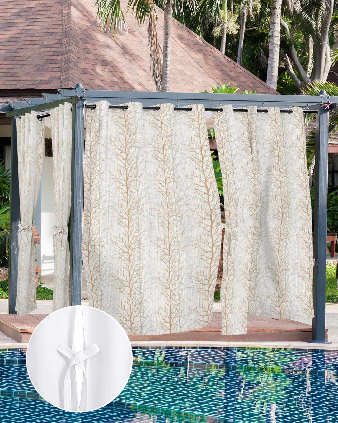 Outdoor Curtains for Patio, Brown Botanical Waterproof Blackout Outside Curtain for Porch/Pergola/Gazebo, Farmhouse Spring Summer Branch Thermal Insulated Drapes for Cabana, 1 Panel, 54 x 95 Inch