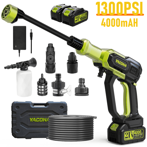 Yacona Cordless Pressure Washer, Power Washer with Battery&Charger, Electric Power Cleaner with 6-in-1 Nozzle, Green