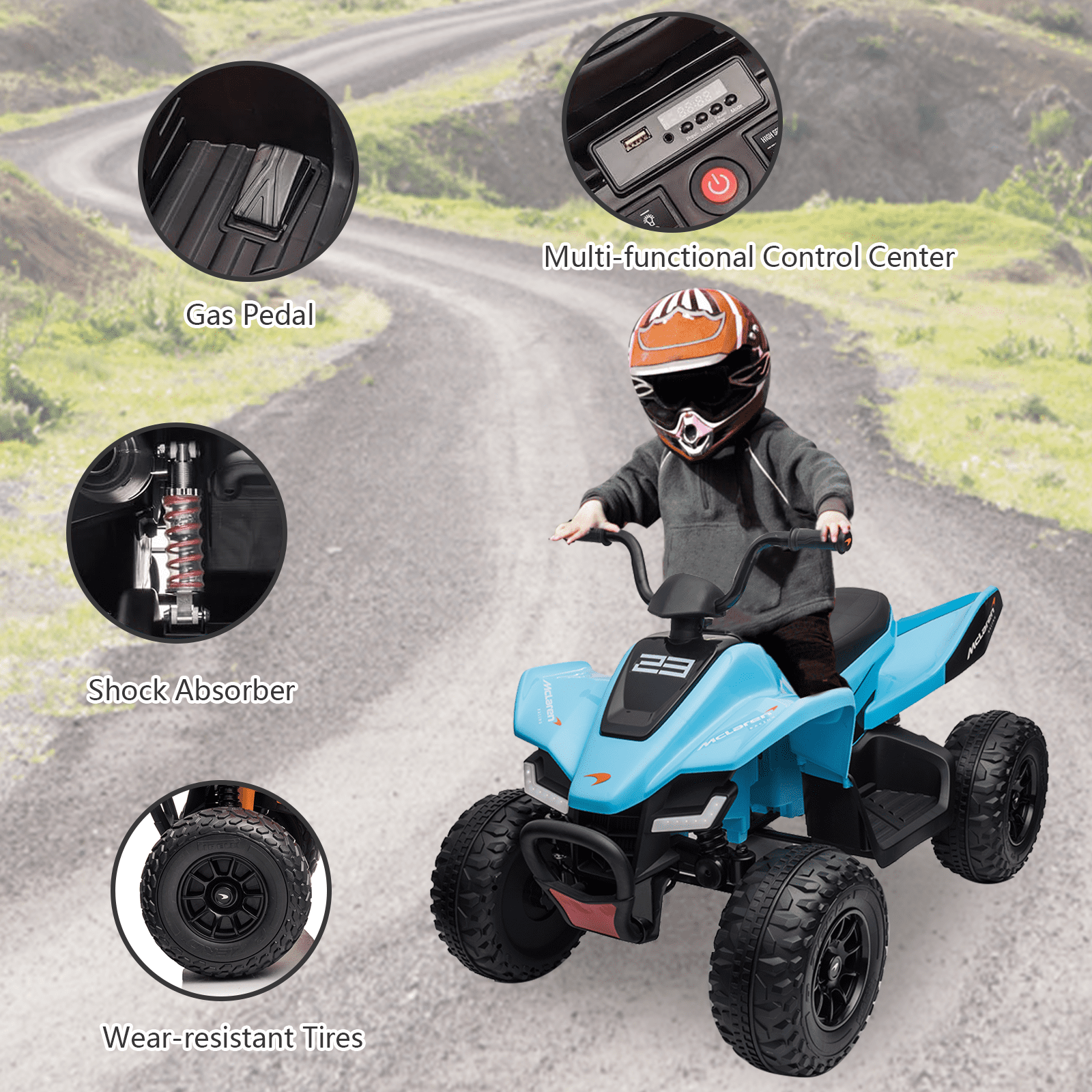 24V Battery Powered, 4-Wheeler Quad Car Toy ATV for 3-8yrs, Electric Off-Road Car with 2 Speeds, LED Lights, Bluetooth, MP3