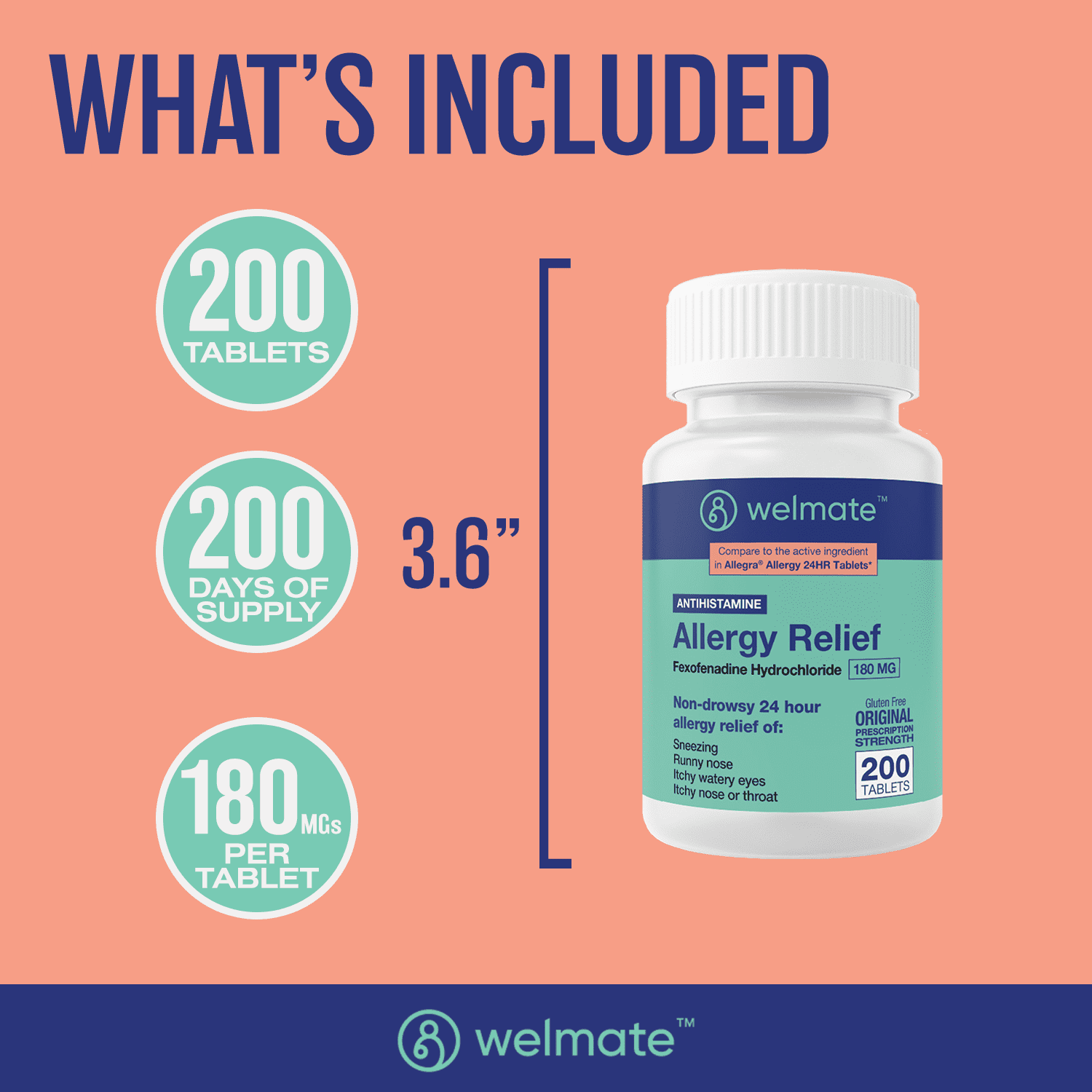 WELMATE Antihistamine Allergy Relief, Fexofenadine HCL 180mg 24HR Relief -200 Tablets