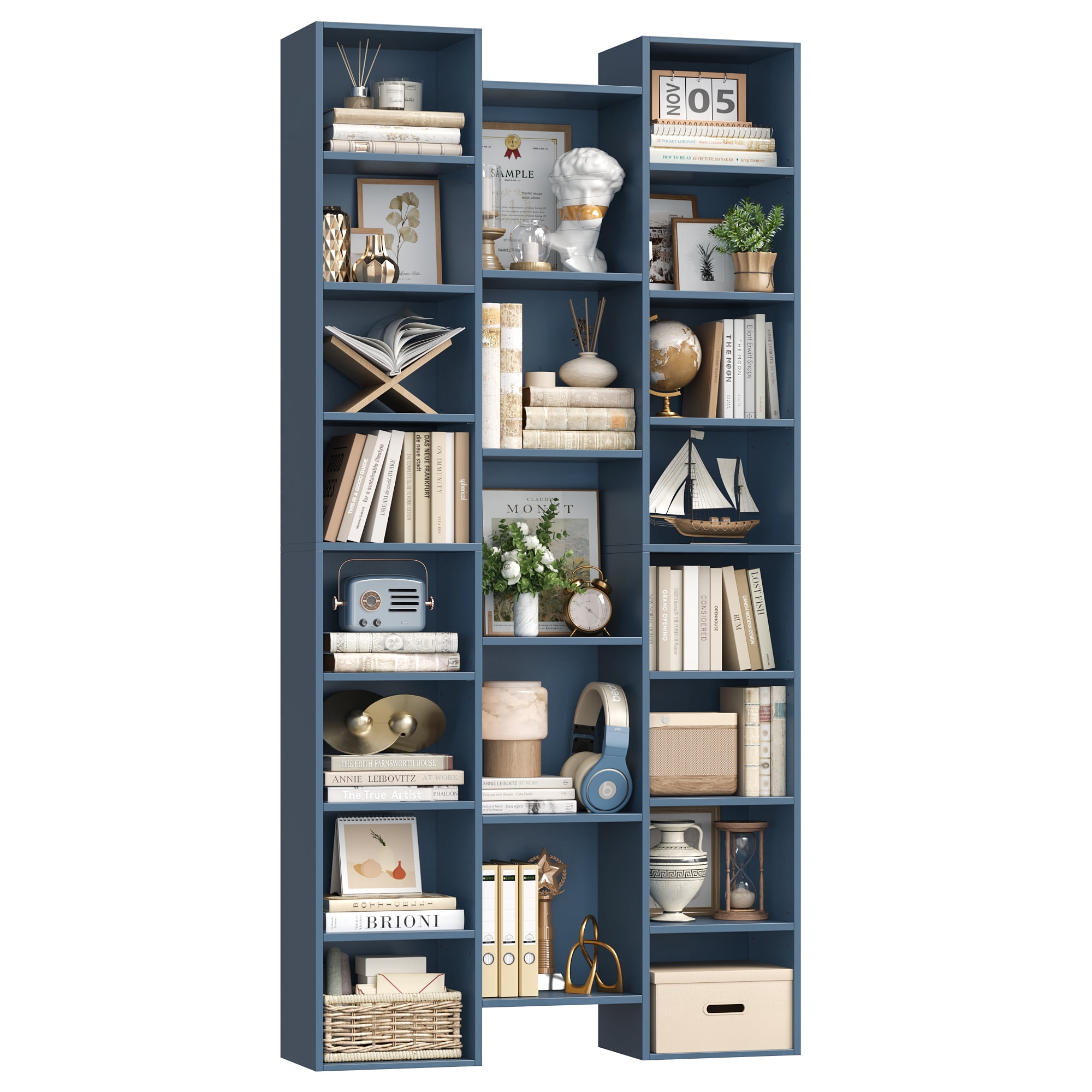 Homfa 2 Pieces Blue Bookshelves, 71’’ Tall Three Row Bookshelf with Adjustable Shelves, 21-Cubes CD Display Storage Organizer Shelf for Living Room Home Office