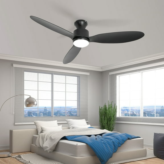 Wozzio 52-inch black ceiling fan with light and remote control, 22W LED light, 6-speed wind speed, reversible DC motor, 3 fan blades, suitable for bedroom, living room, terrace lighting place