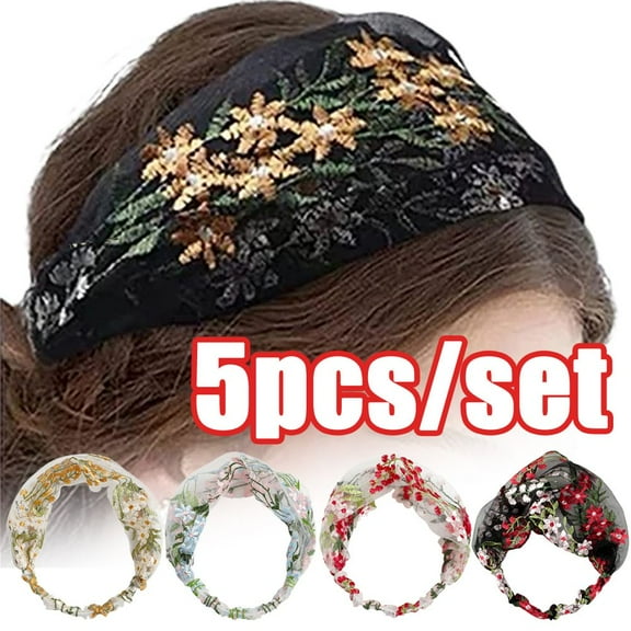 SPRING PARK 5pcs/set Headbands Lace Women Flower Hair Bands Cotton Stretchy Yoga Hair Accessories for Women and Girls