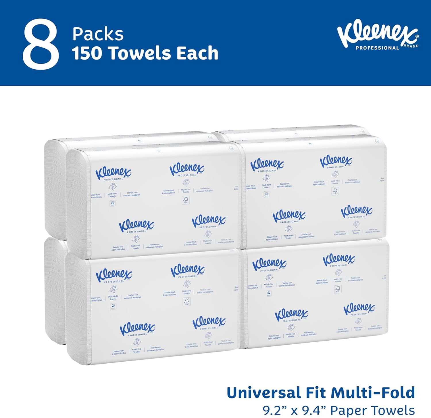 Professional Universal Multifold Paper Towels, Bulk (02046), Absorbency Pockets, 9.2" x 9.4" Towel, White (150 Sheets/Pack, 8 Packs/Case, 1,200 Sheet Total)