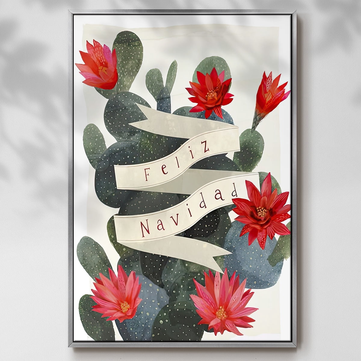 Desert Christmas Cactus I - Framed Gallery Wrapped Holiday Canvas - 25 x 37 - Silver Frame
