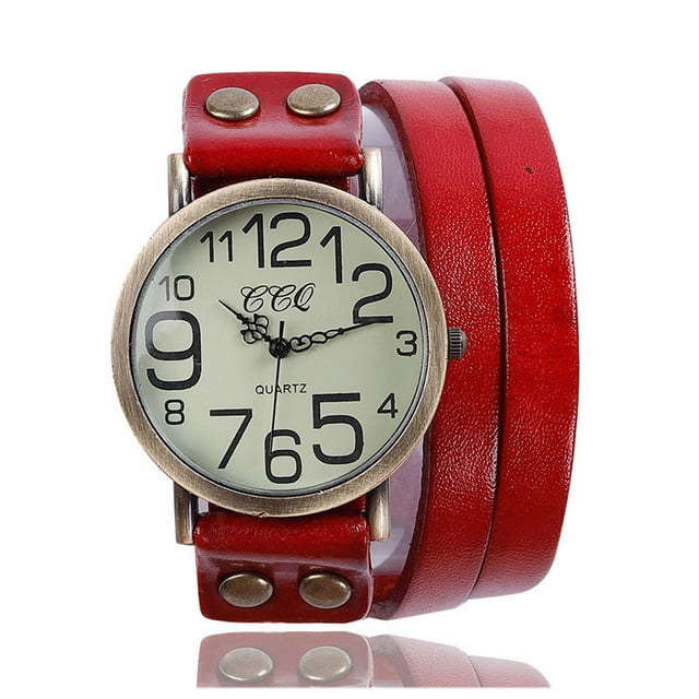 Reloj de pulsera de cuero de vaca rojo vintage para hombres y mujeres, reloj de vestir de cuarzo con pulsera