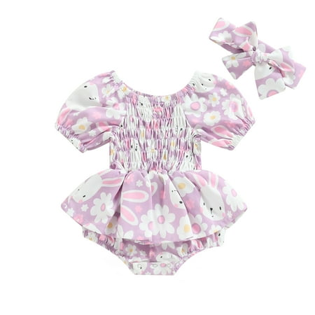 

Blotona Infant Baby Girl Easter Jumpsuit Set Cartoon Rabbit Print Short Sleeves Ruched Ruffle A-Line Romper + Headband