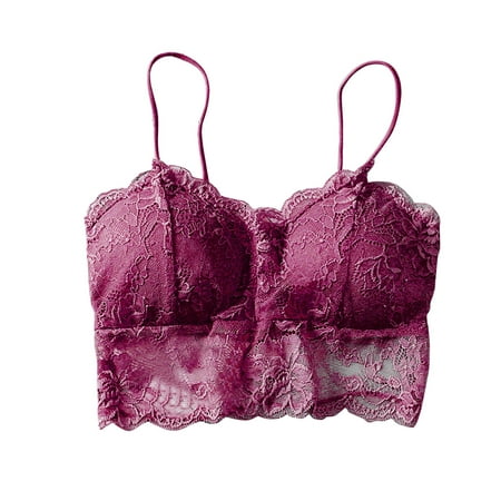 

QWERTYU V Neck Cami Strap Bra for Women Padded Lace Longline Bralettes Wine Free Size