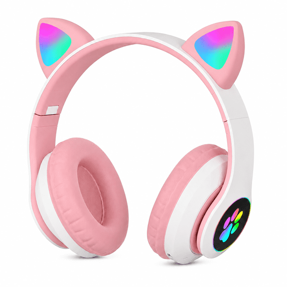LUEYL Cat Ear Bluetooth Headphones for Kids Girls - Wireless Headset w/Mic, 94dB Volume Limit, LED Lights, Foldable, for School/Travel Pink